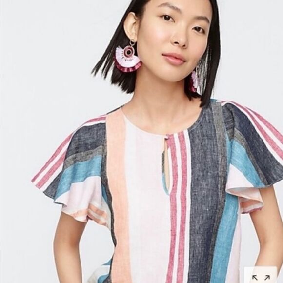 J CREW Linen Striped Flutter Sleeve Top - Picture 1 of 7